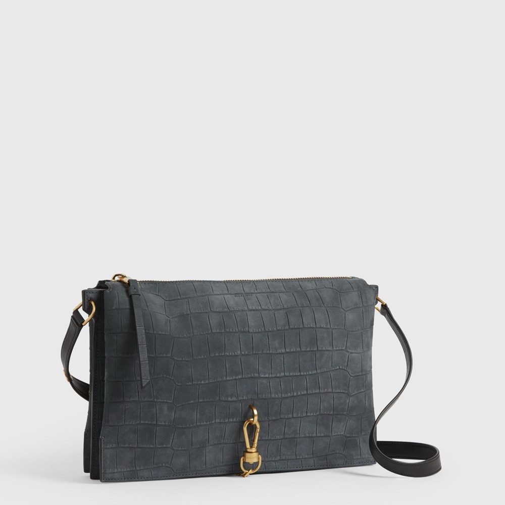 AllSaints Sheringham Suede Shoulder Bag, petrol blue